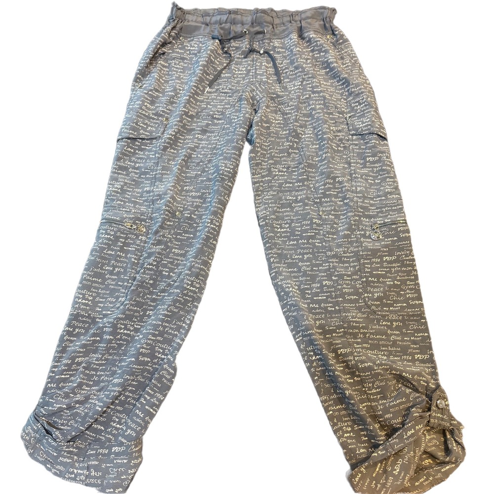 Y2K VDP Club Gym Couture 100% Silk Script Print Cargo Jogger Pants Italy 44
